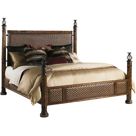 Queen-Size Somers Isle Low-Post Bed with Padded Woven Wicker & Burnished Bronze Finials